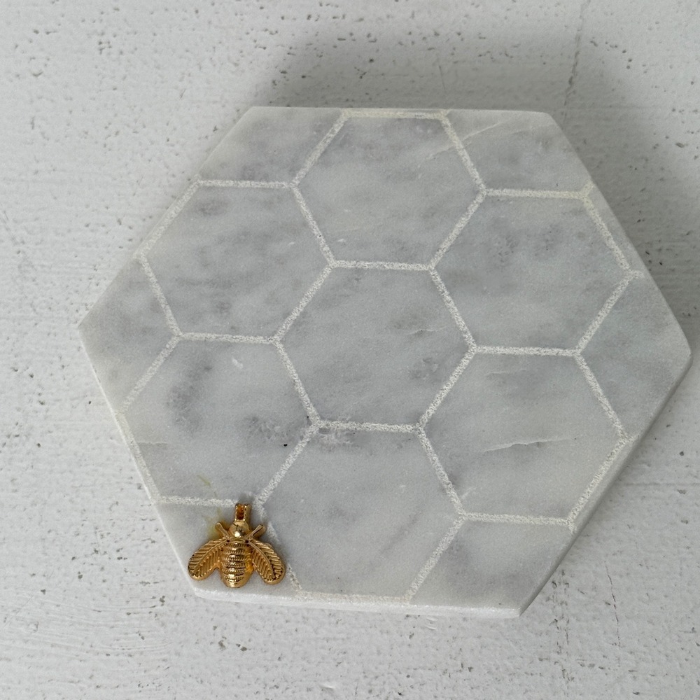 White Marble Hexagon Honeycomb Coasters with Gold Bumble Bee Accents Set of 4